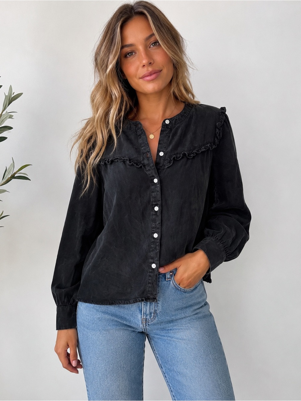 Old Navy 100% Lyocell Ruffle Button Front Blouse‎ Black Medium